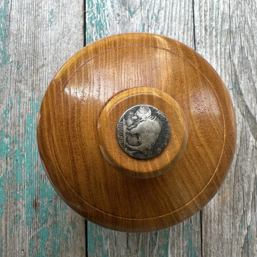 Vintage Trinket Box 5.1 Inch Hand Turned‎ Wood Jewelry Lid Buffalo Nickel Insert